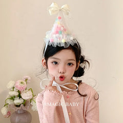 Children's White Fabric Birthday Hat Bowknot Ball Alligator Clips Luminous Hairpins Fashionable Accessories for Kids' Prom Use