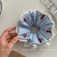 Female Cherry Print Plaid Fabric Multiple Layer Ponytail Holder Scrunchy Elegant Fashion in Stock Hair Ties Accessory for Women