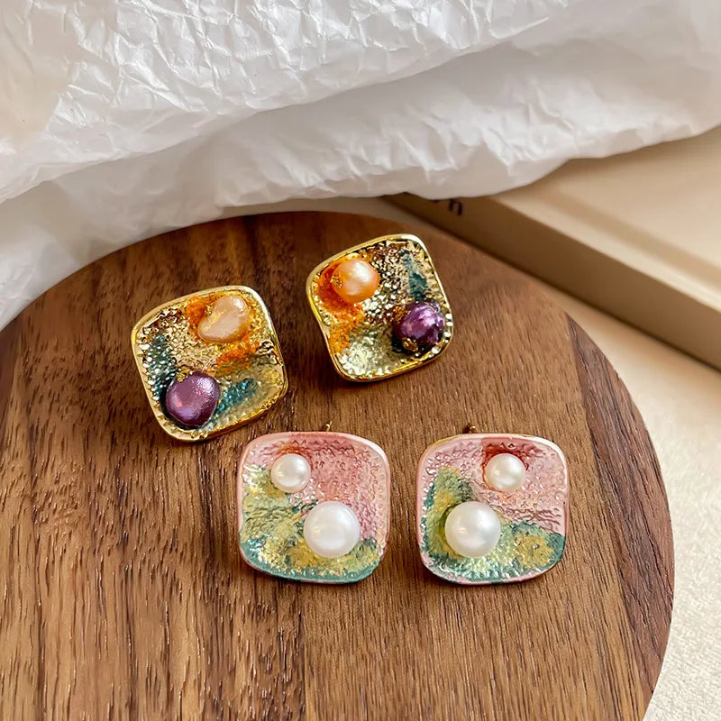 Women Flower Drip Glaze Hand-Painted Freshwater Pearl 18k Gold-plated S925 Silver Stud Earring Low MOQ in Stock Daily Jewelry