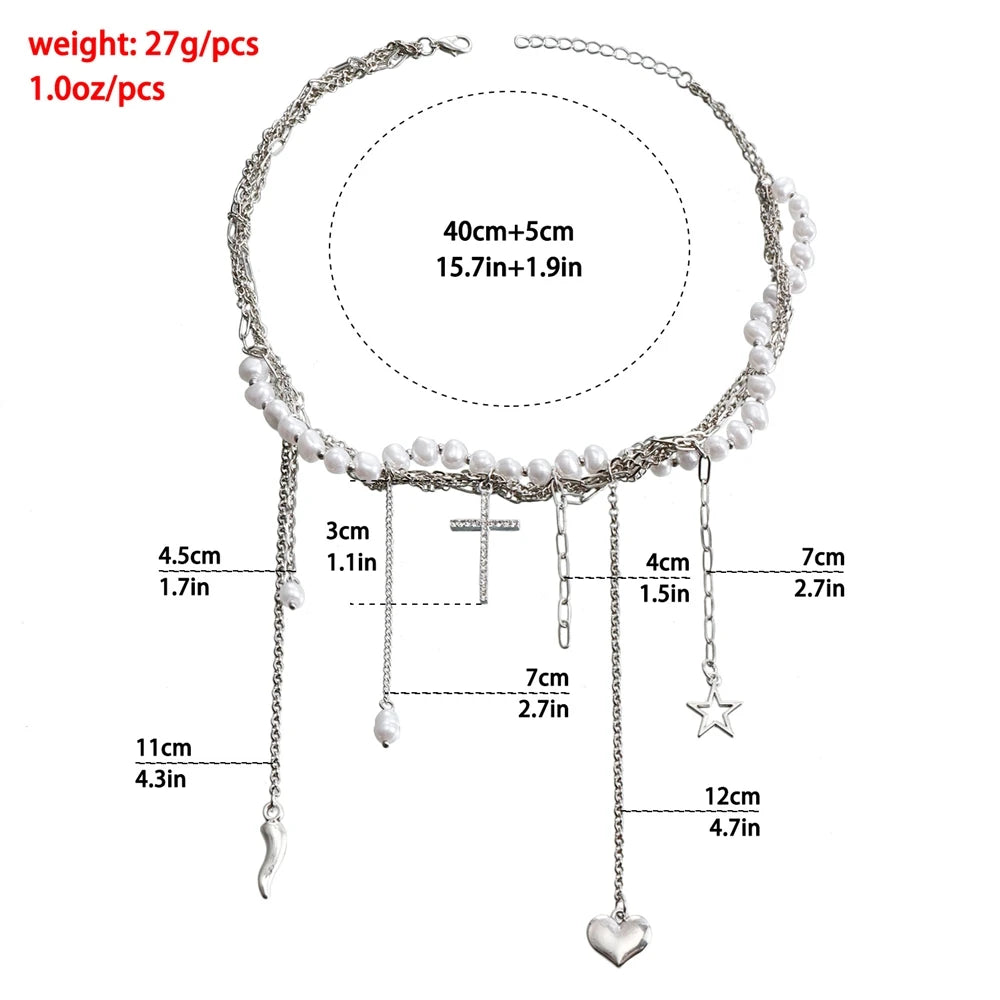 Fashion Imitation Pearl Tassel Heart Star Cross Necklaces for Girls Gothic Sweet Spicy Jewelry for Women Ladies Accessories