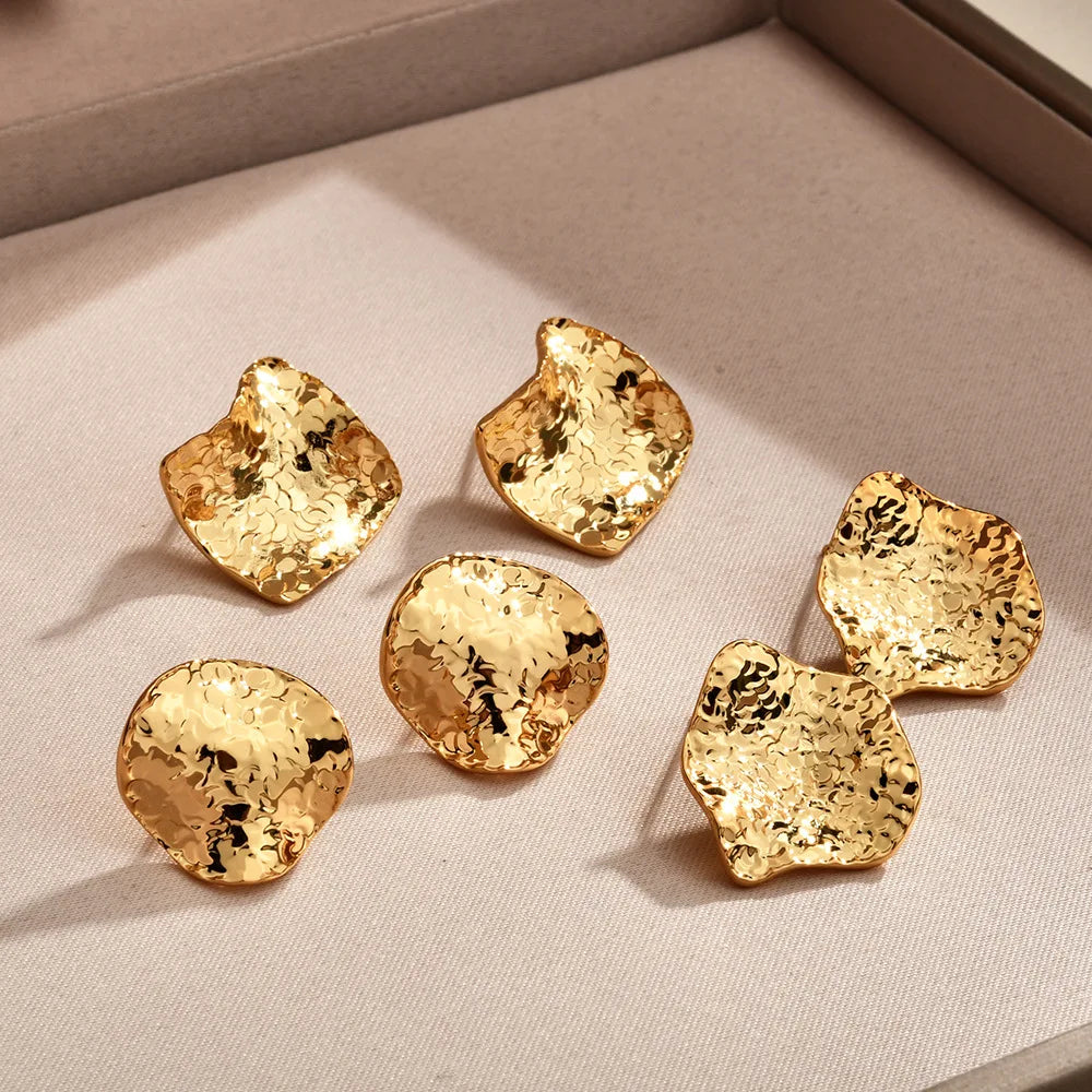 Fashion Copper Stud Earrings Pleated Metal Flashing Texture Earpins Round Square Irregular Earrings Wholesale European American
