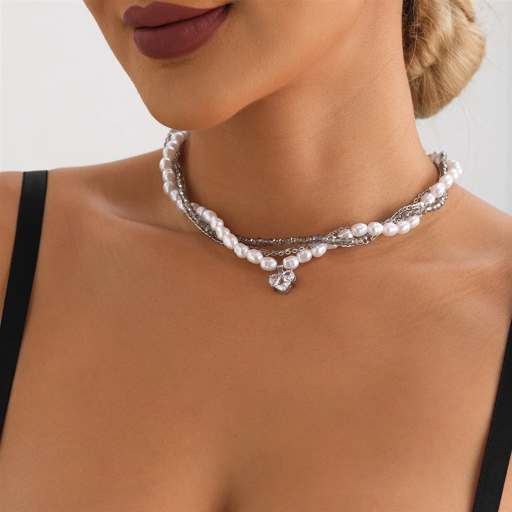 Fashion Sweet Heart Beads Imitation Pearl Necklaces for Girls Spicy Elegant Layered Wearing Jewellry for Women Ladies Accessory