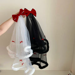 Halloween Red Velvet Bow Plush Veil Hair Clip Princess Bride Fairy Hair Accessories for Women Girls Party Festival Headwear