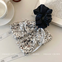 European Trendy Vintage Women's Hair Scrunchy Glitter Bows Hair Ribbon with High Elastic Elegant Daily Use Hair Accessory