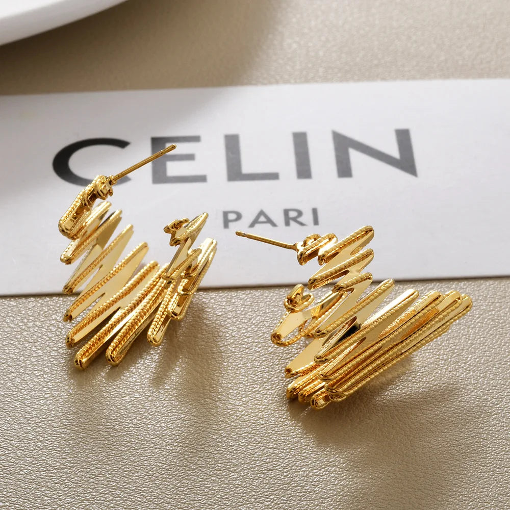 Fashion Gold Silver Plated Abstract Zigzag Line Hoop Earrings Women Irregular Geometric Textured Wavy Statement Ear Jewelry Bulk