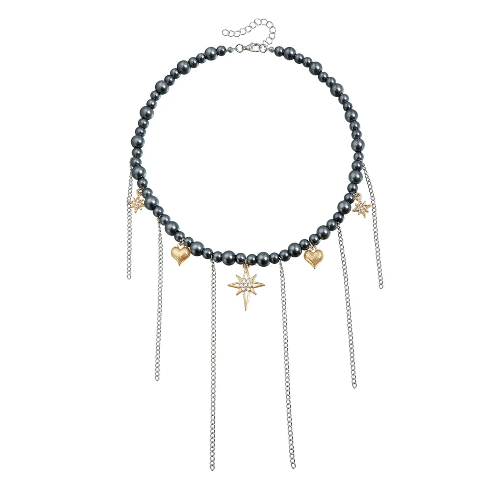 Fashion Beads Heart Link Tassel Necklaces for Girls Sweet Spicy Elegant Punk Y2K OOTD Jewelry for Women Ladies Accessories