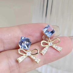 Fashion Rhinestone Glitter Bowknot Cute Drop Earrings for Girls Sweet Refined Dainty Jewelry for Women Ladies Accessories