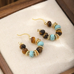 Fashion Turquoise Tiger Eye Stone Hoop Earrings for Girls Elegant Vintage 18K Gold Plated Jewelry for Women Ladies Wholesale