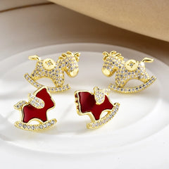 Horse Year Fashion Earrings Stud Flash Zodiac Red Cute Trojan Horse Earrings Light Luxury High-end Earrings for New Year Bulk