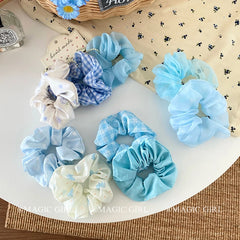 Hot Sale Women's Hair Ties Blue Solid Color with Cute Sweet Plaid Bowknot Scunchie Fashionable Flower Accessories for Girls