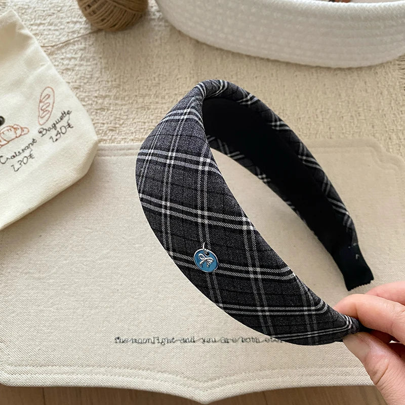 Women's Plaid Wide Headbands Navy Blue College Style Basic Model Hairband Elegant Retro Hair Accessories for Girls Wholesale