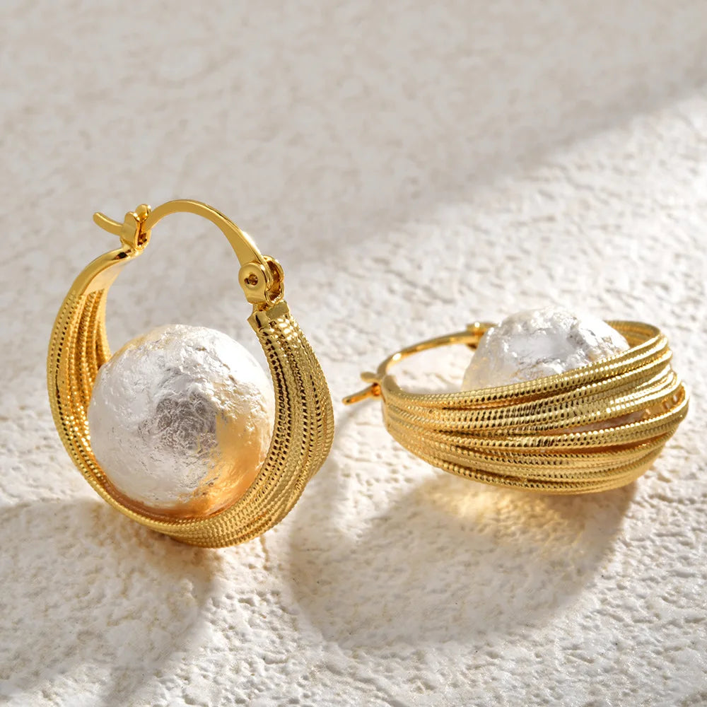 Female Unique Trendy Earrings Retro Hemp Pattern Earclips High-end Beads and Imitation Pearl Elegant Fashion Earrings Jewelry