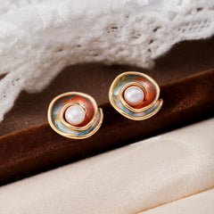 Fashion S925 Silver Freshwater Pearl Copper 18K Gold Plated Hand-Painted Stud Earrings for Girls Jewelry for Women LadyWholesale