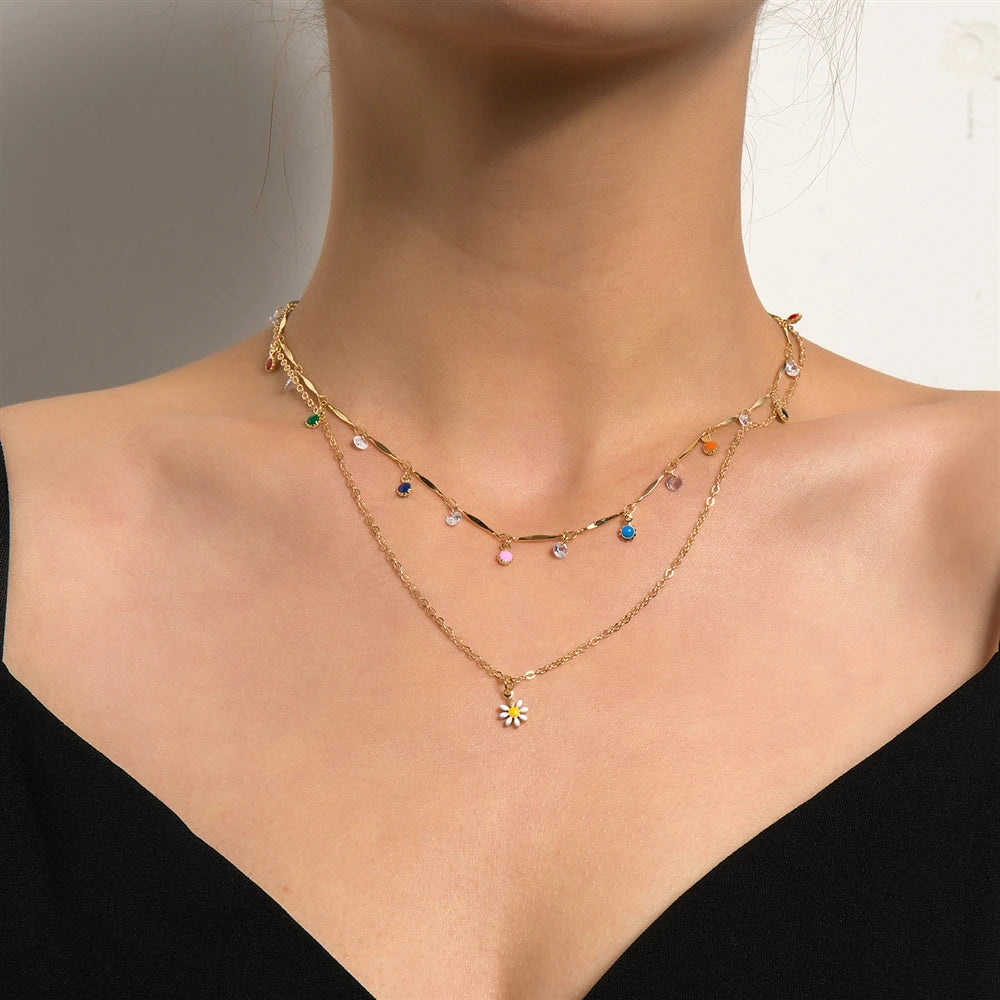 Fashion Layered Wearing Colorful Flower Floral Necklaces for Girls Sweet Elegant Glamorous Jewelry for Women Ladies Accessories