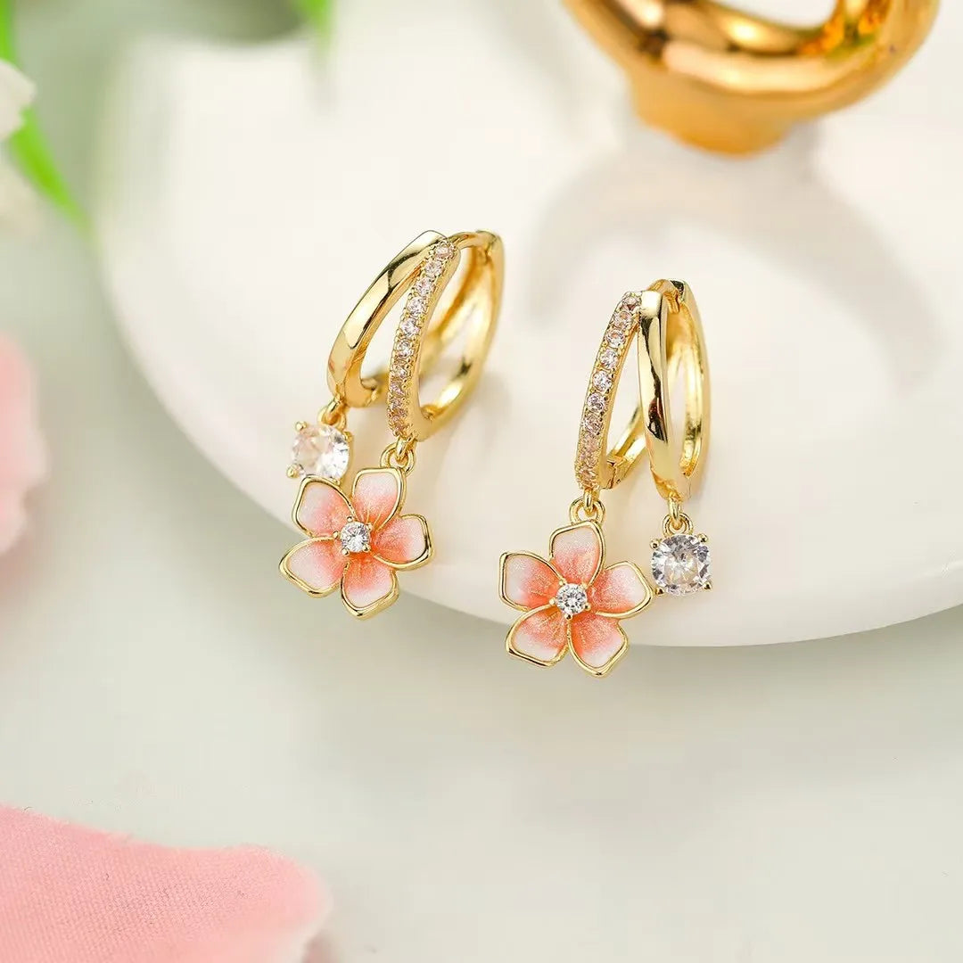 Fashion Flower Rhinestone Glitter Glamorous Drop Earrings for Girls Sweet Floral Jewelry for Women Ladies Accessories Wholesale