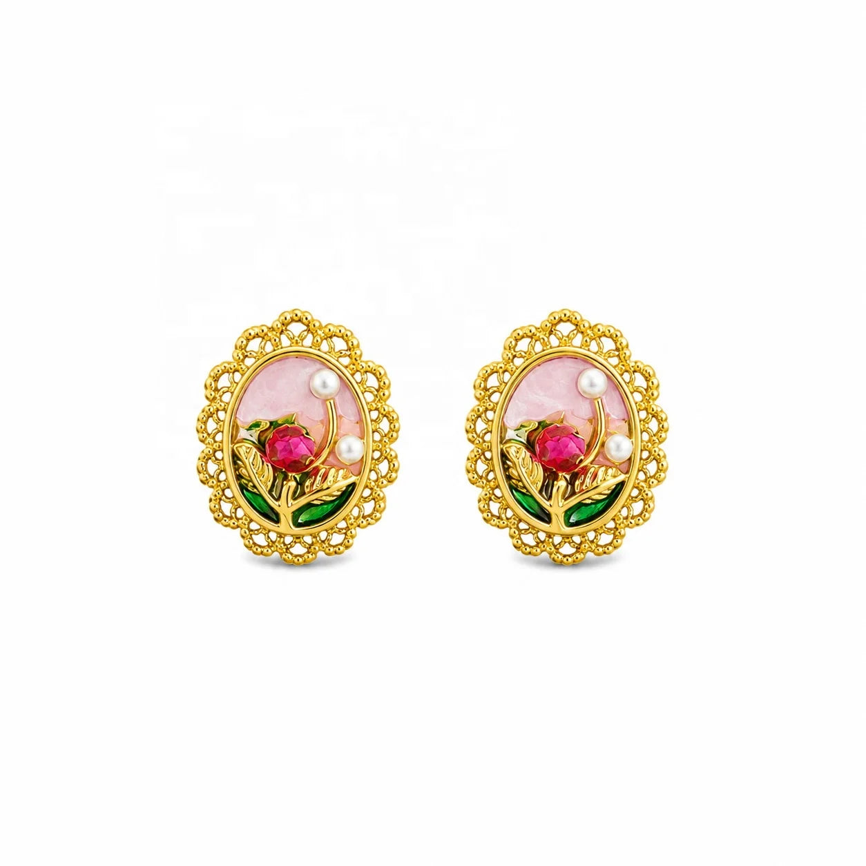 Female Flower 0.2cm Natural Stone Chain bar 18k Gold-plated Drip Glaze Hand-Painted Necklace Earring in Stock Jewelry for Daily