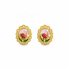 Female Flower 0.2cm Natural Stone Chain bar 18k Gold-plated Drip Glaze Hand-Painted Necklace Earring in Stock Jewelry for Daily