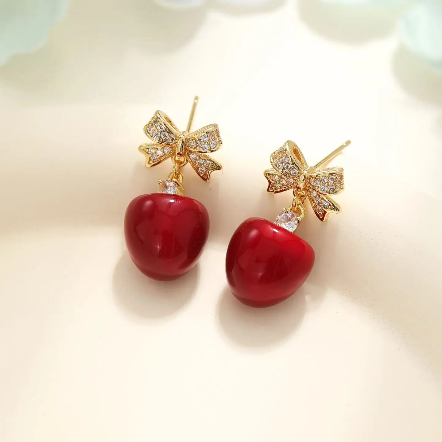 Sweet Red Fruits Cherry Bowknot Drop Earrings for Girls Trendy Stylish Elegant Jewellry for Women Ladies Accessories Wholesale
