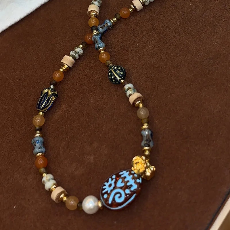 Women Freshwater Pearl Tiger Eye Stone Face Pattern Czech Beads Abacus Beads Necklace Factory Price Jewelry for Daily Causal
