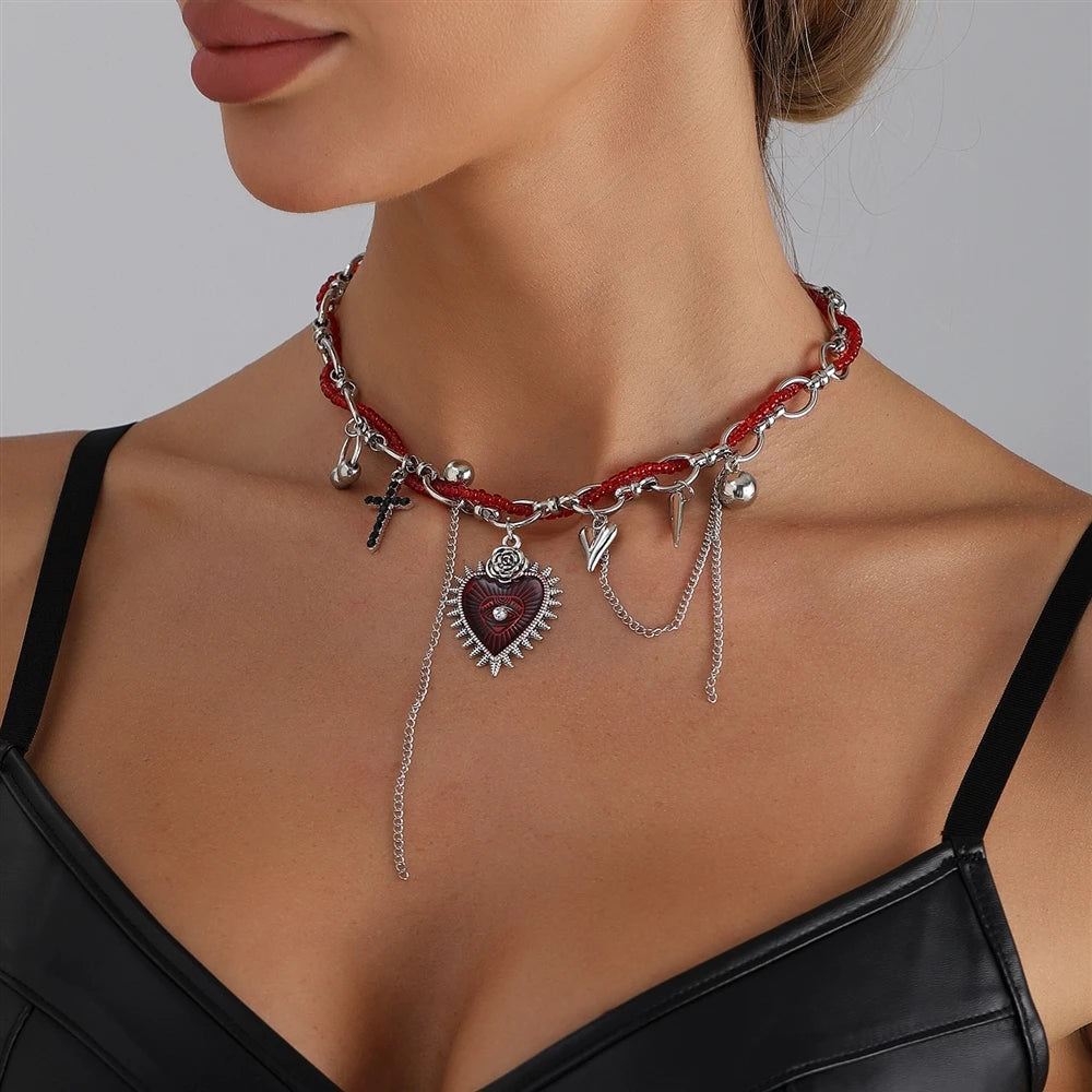 Fashion Trendy Red Heart Stylish Tassel Necklaces for Girls Sweet Glamorous Refined Jewellry for Women Ladies Accessories