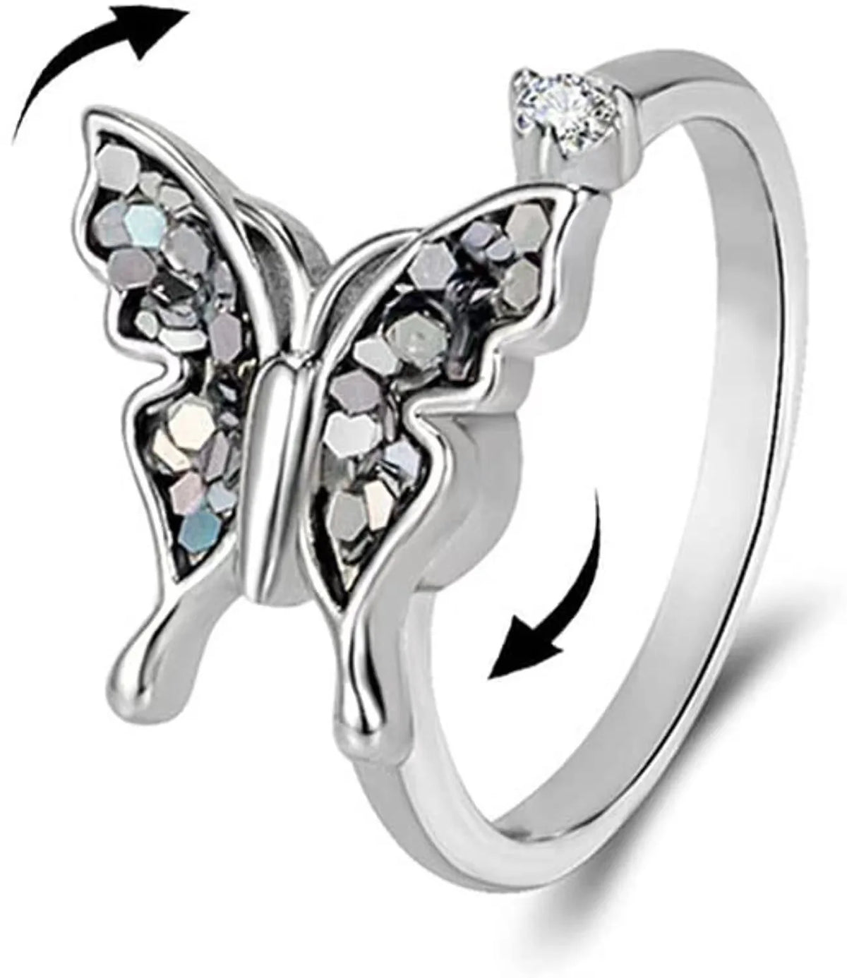 Silver Butterfly Open Ring Women's Adjustable Inlaid Crystal Fashion Jewelry Elegant Cute Stress-relief Ring Gift Idea Wholesale