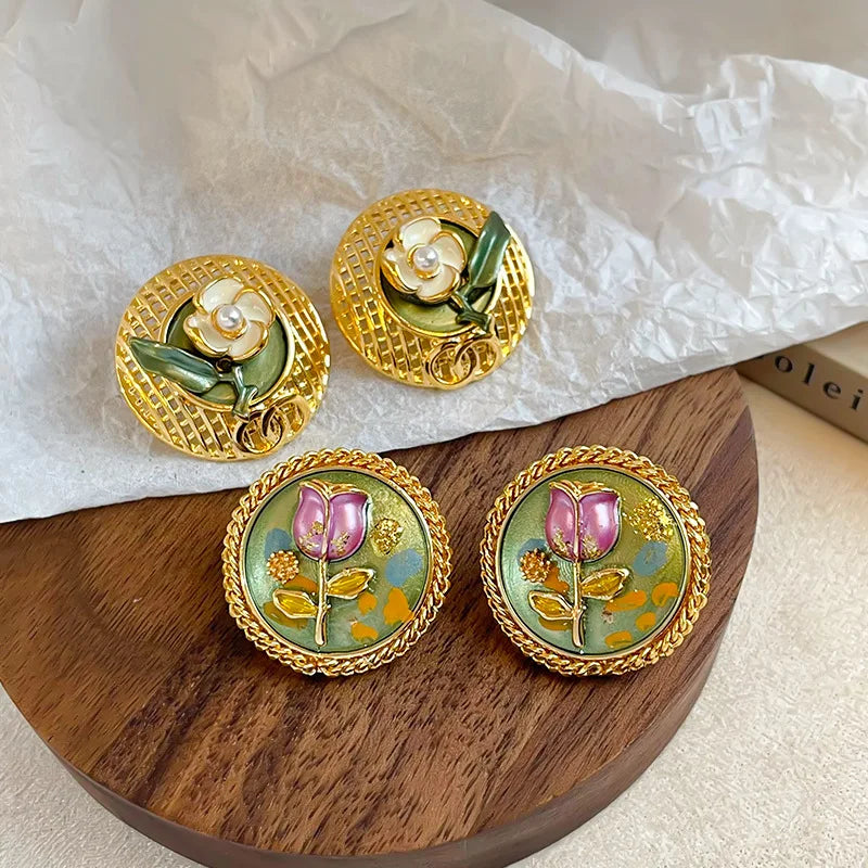 Women Vintage Flower S925 Silver 18k Gold-plated Copper Stud Earring Factory Price Trendy Hand-Painted Drip Glaze Jewelry