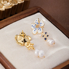 Fashion S925 Silver Freshwater Pearl Copper 18K Gold Plated Flower Drop Earring for Girls Sweet Jewelry for Women Lady Wholesale