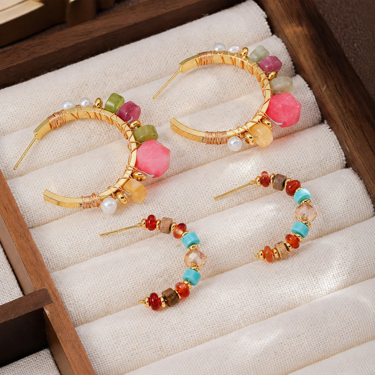 Fashion Copper Wire Pearl Natural Stone Crystal Turquoise Hoop Earrings for Girls Boho Trendy Jewelry for Women Ladies Wholesale