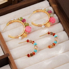 Fashion Copper Wire Pearl Natural Stone Crystal Turquoise Hoop Earrings for Girls Boho Trendy Jewelry for Women Ladies Wholesale