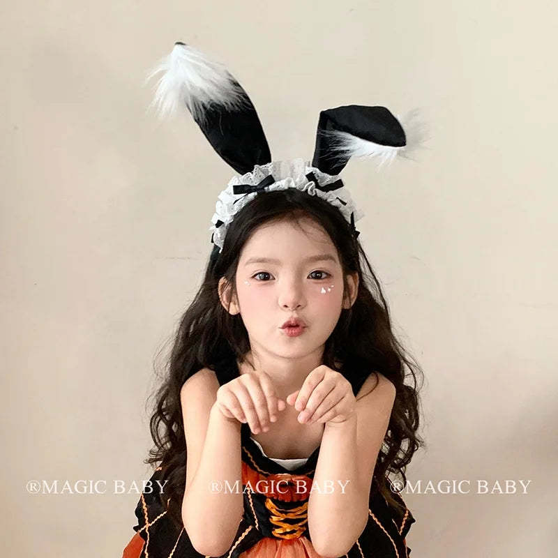 Halloween Bunny Ears Headband for Kids Lace Spooky Cute Rabbit Hairband Children Costume Party Hair Accessories Trick or Treat