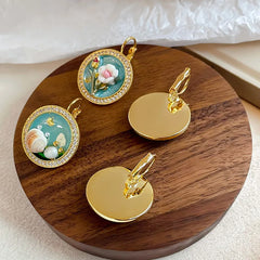 Women Green Shell Flower 18k Gold-plated Zircon Drip Glaze Hand-Painted Graffiti Stud Hoop Earring Low MOQ in Stock for Causal