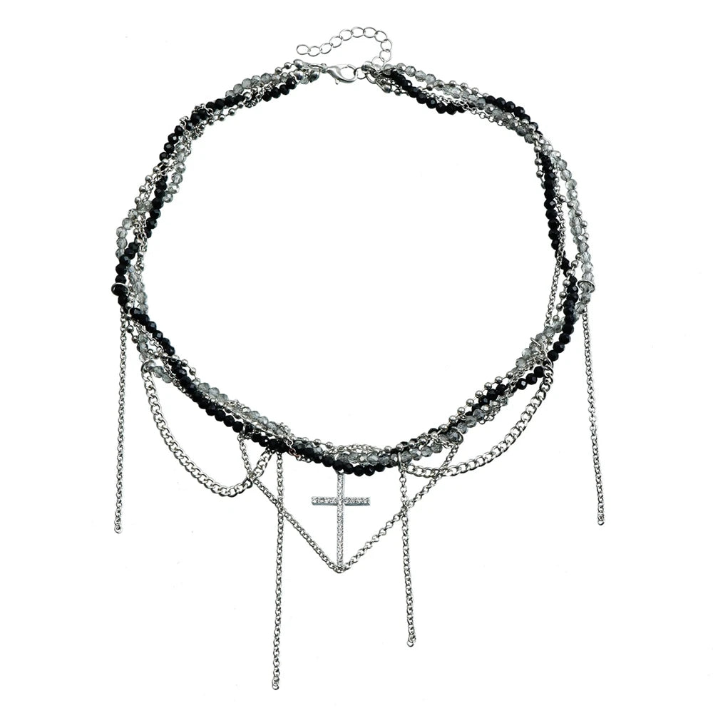 Fashion Trendy Sweet Beaded Cross Necklaces for Girls Glamorous Art Deco Simple Link Jewellry for Women Ladies Accessories