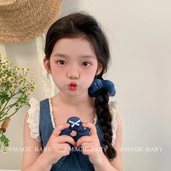 Kids Blue White Flower Print Small Scrunchies Ponytail Holder High Elastic Fashion Hair Ties Accessories for Children Daily Use