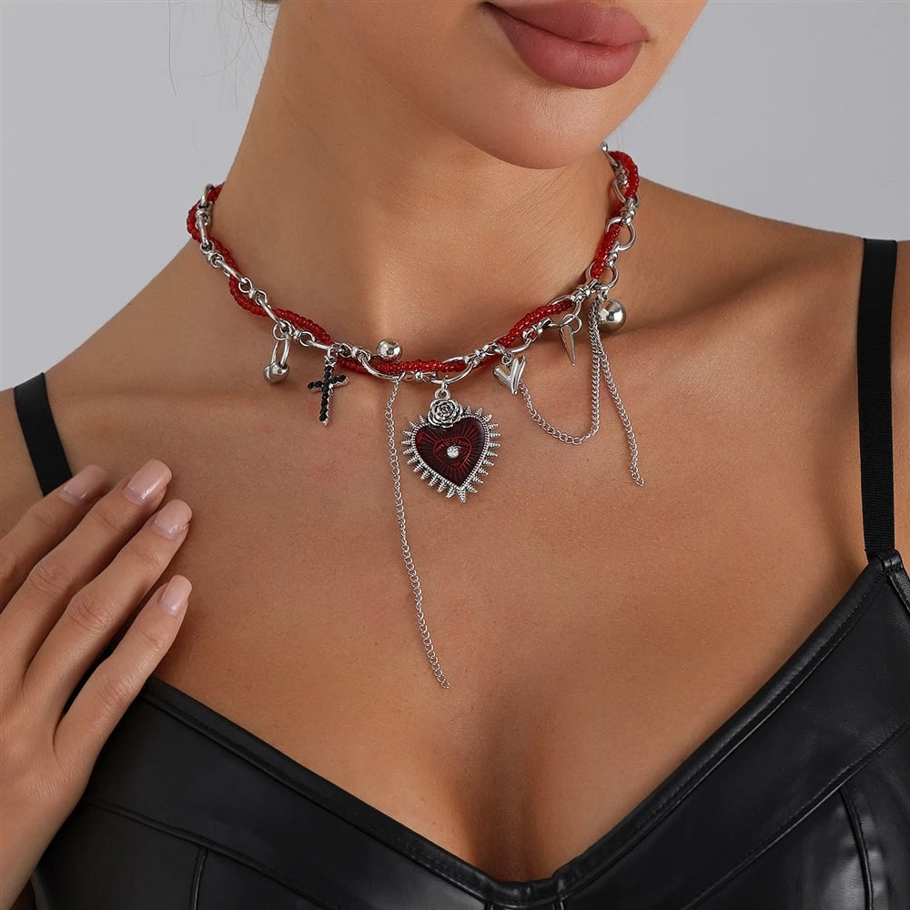 Fashion Trendy Red Heart Stylish Tassel Necklaces for Girls Sweet Glamorous Refined Jewellry for Women Ladies Accessories