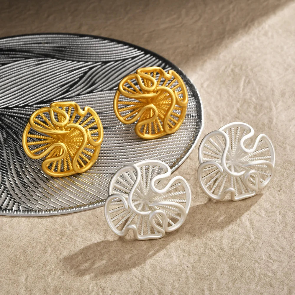 Matte Gold Silver Filigree Hollow Swirl Textured Stud Earrings Elegant Organic Design Statement Unique Jewelry Women Accessories
