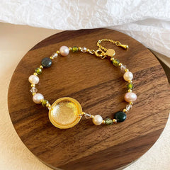 Fashion Hand-Painted Drip Glaze Freshwater Pearl Bracelets for Girls Dainty Trendy Jewelry for Wome Ladies 18K Gold Plated
