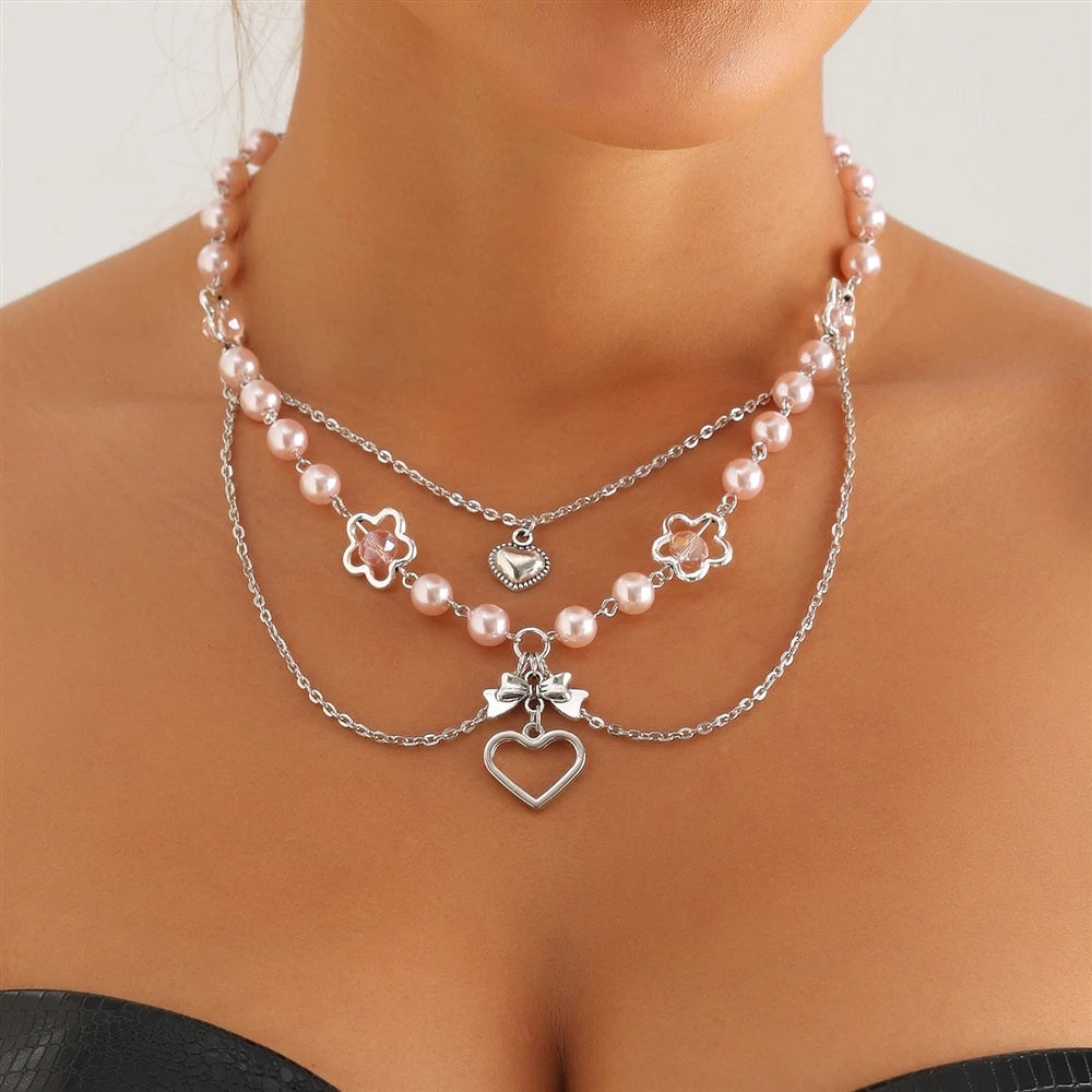 Fashion Sweet Princess Style Imitation Pearl Heart Shaped Necklaces Layered Wearing Jewelry for Women Ladies Accessories Daily
