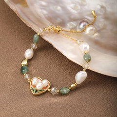 Fashion Freshwater Pearl Green Agate Glass Crystal Bracelets for Girls Vintage Heart Shaped Jewelry for Women Ladies Wholesale