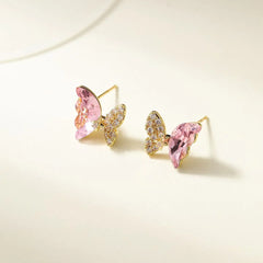Female Butterfly Shape Shell Rhinestone Crystal Small Stud Earring Fashion Sweet Cute High Quality Jewelry Accessories for Daily