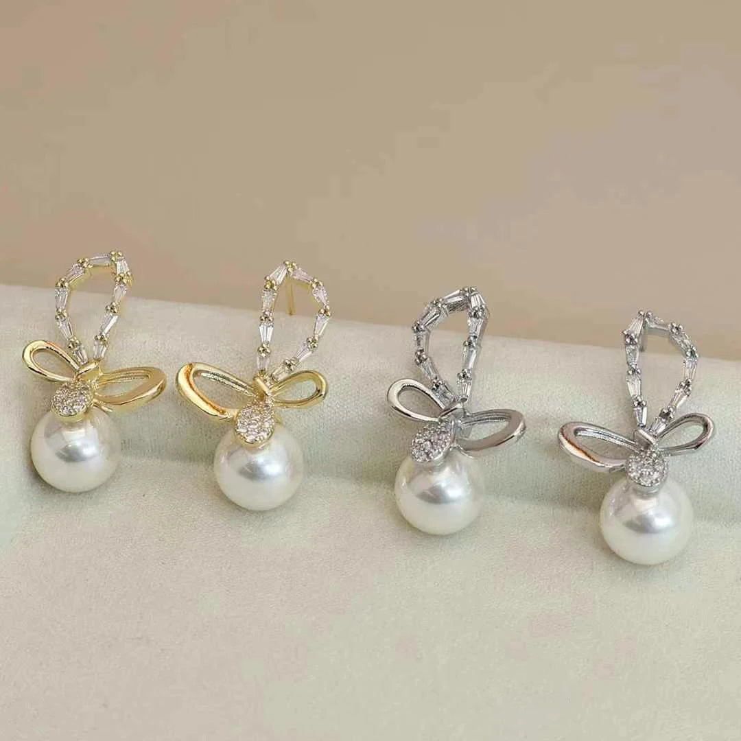 Female Bow Flower New Design Imitation Pearl Small Drop Earring Elegant Glamorous Luxurious Bulk Jewelry Accessories for Holiday