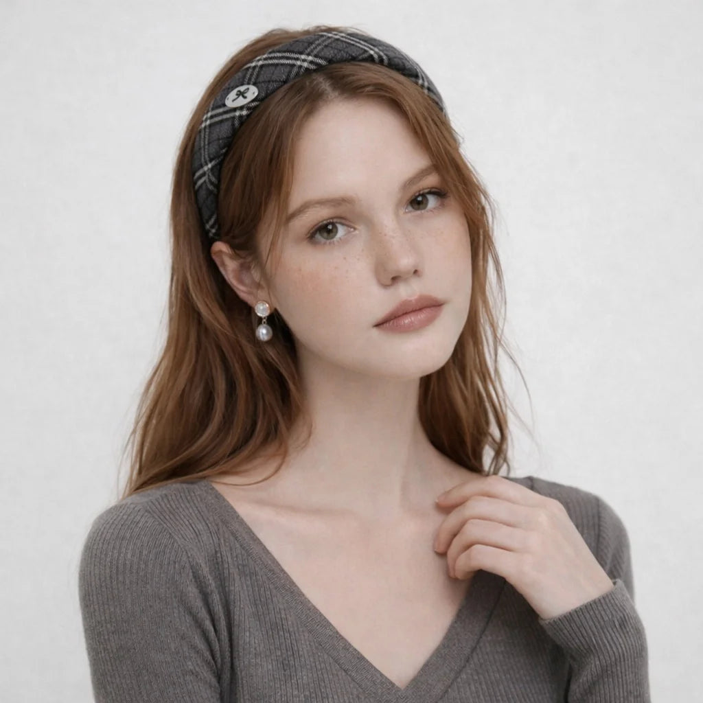 Women's Plaid Wide Headbands Navy Blue College Style Basic Model Hairband Elegant Retro Hair Accessories for Girls Wholesale