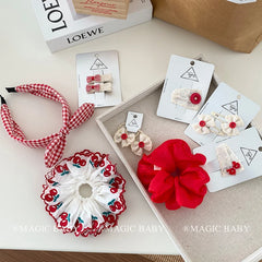 Girly Aesthetic Cherry Bowknot Grid Red Hair Ties Alligator Clips Headband Sweet Fashion in Stock Hair Accessories Set for Kids