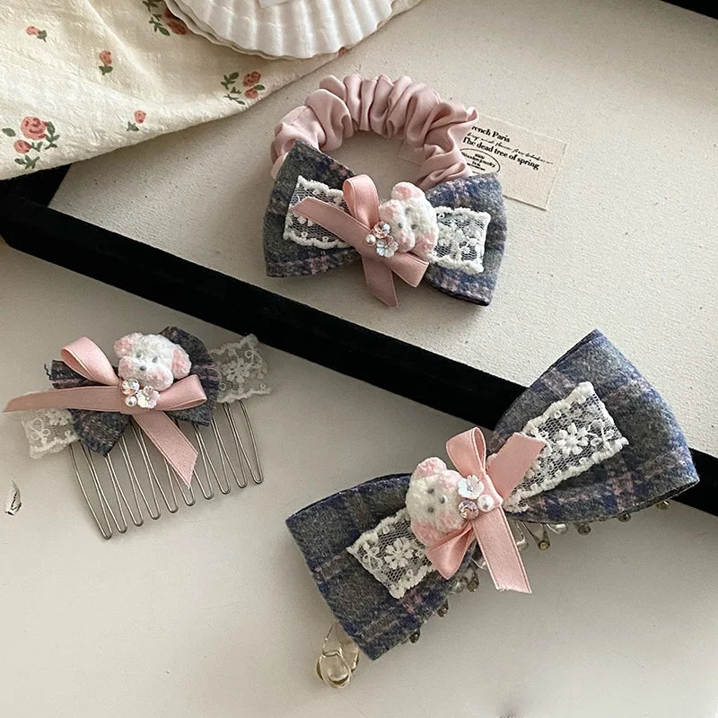 Korean-style Cute Dog Bow Scrunchie Girlish Lace Banana Clip Headband Gentle Sweet Casual Hair Clips for Women Hair Accessories