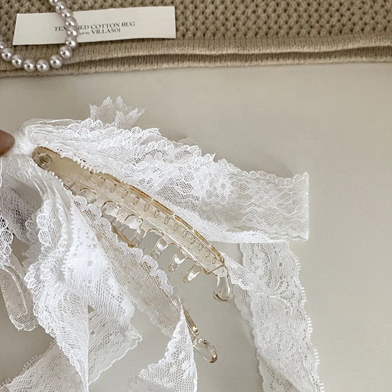 Fashion Elegant Lace Ribbon Bowknot Princess Style Hair Clips for Girls Sweet Cute Banana Clip for Women Ladies Hair Accessories