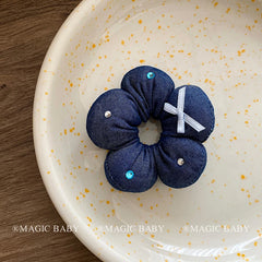 Kids Blue White Flower Print Small Scrunchies Ponytail Holder High Elastic Fashion Hair Ties Accessories for Children Daily Use