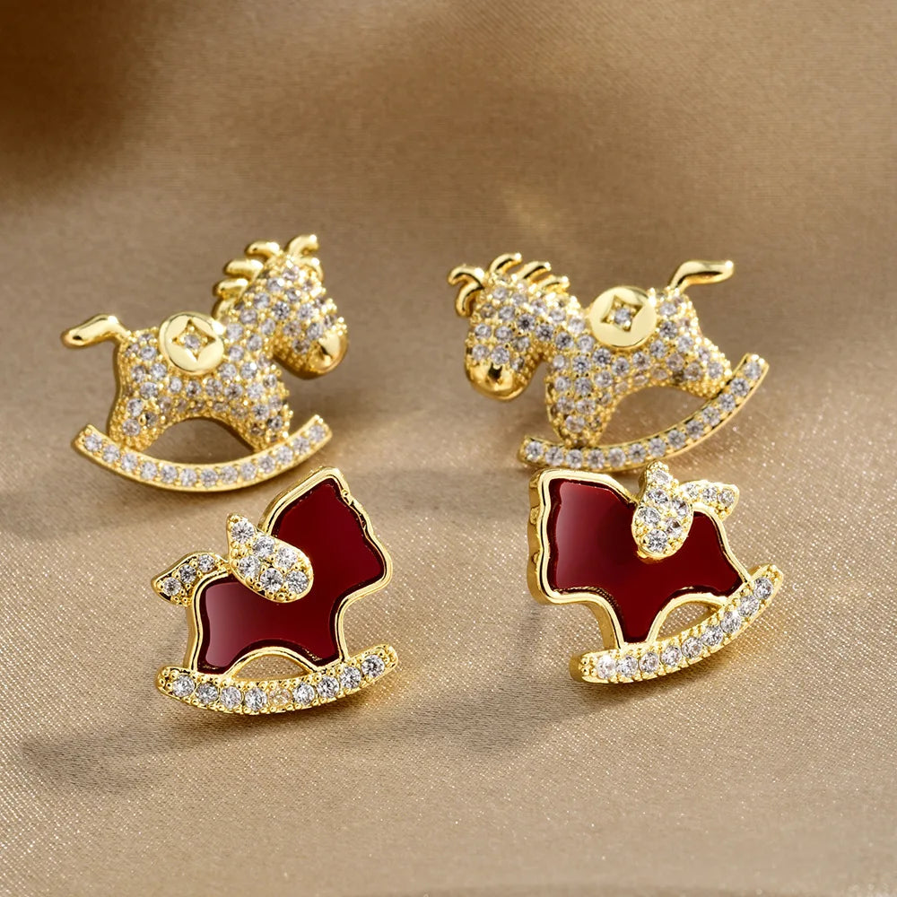 Horse Year Fashion Earrings Stud Flash Zodiac Red Cute Trojan Horse Earrings Light Luxury High-end Earrings for New Year Bulk