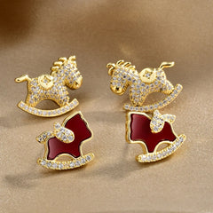 Horse Year Fashion Earrings Stud Flash Zodiac Red Cute Trojan Horse Earrings Light Luxury High-end Earrings for New Year Bulk