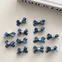 Cute Sweet Fashion Bowknot Denim Heart Shaped Hair Clips for Baby Girls Chic Alligators for Kids Children Hair Accessories