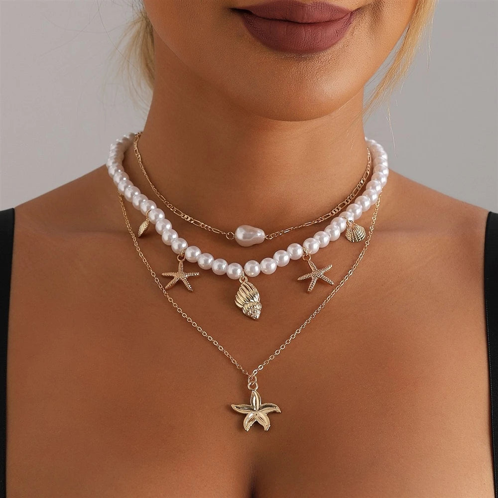 Fashion Imitation Pearl Ocean Star Layered Wearing Necklaces for Girls Sweet Elegant Dainty Jewelry for Women Ladies Accessories