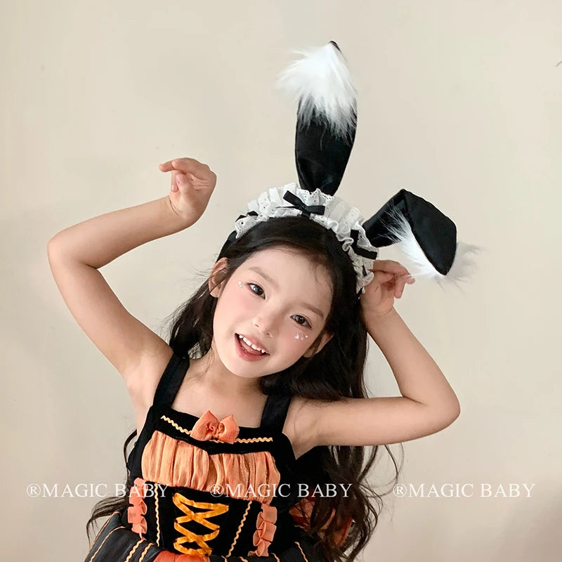 Halloween Bunny Ears Headband for Kids Lace Spooky Cute Rabbit Hairband Children Costume Party Hair Accessories Trick or Treat